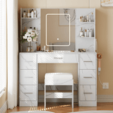 Garvee 43.3'' Vanity Desk Stool Set, Modern Makeup Table with Lighted Mirror, Power Outlet, 7 Drawers, 4 Open Shelves for Small Bedroom, Faux Marble - Marble White
