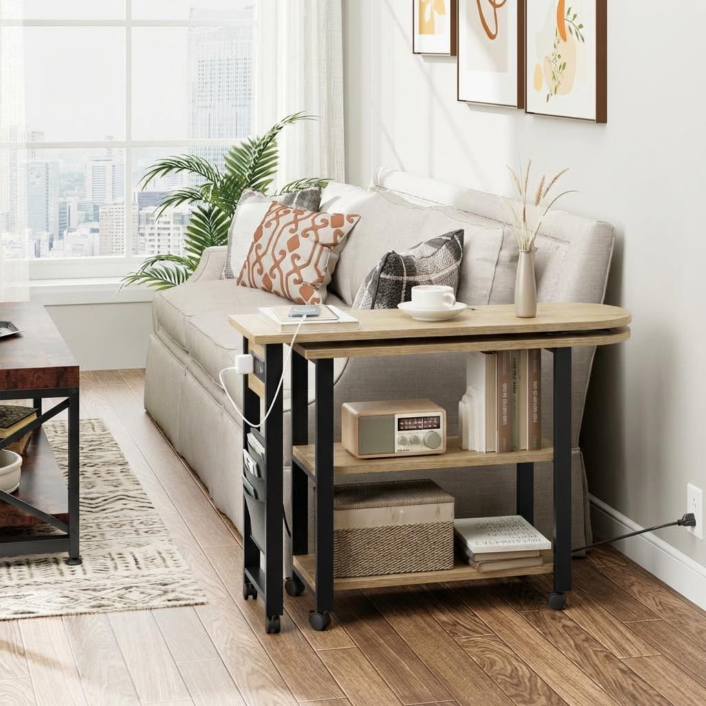 Garvee 360° Rotatable End Table with Charging Station, Extra Storage, Lockable Wheels, MDF & Metal, for Bedroom, Living Room, Wood Color