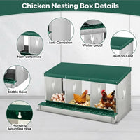 Garvee Chicken Nesting Box, 3 Room Galvanized Steel Laying Boxes, Metal Nesting Boxes for Hens with 10 Pads & 4 Fake Eggs, Easy Egg Collection, Vented Holes Poultry Nest for Chicken Coop, Green