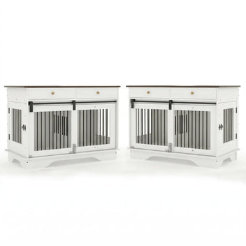 Garvee 2 Pack Spacious Double Dog Crate Furniture, 47" Large Dog Kennel, Removable Divider, 2 Storage Drawers, Chew-Resistant, Triple Door End Table for Large Dogs, White+Brown Table Top