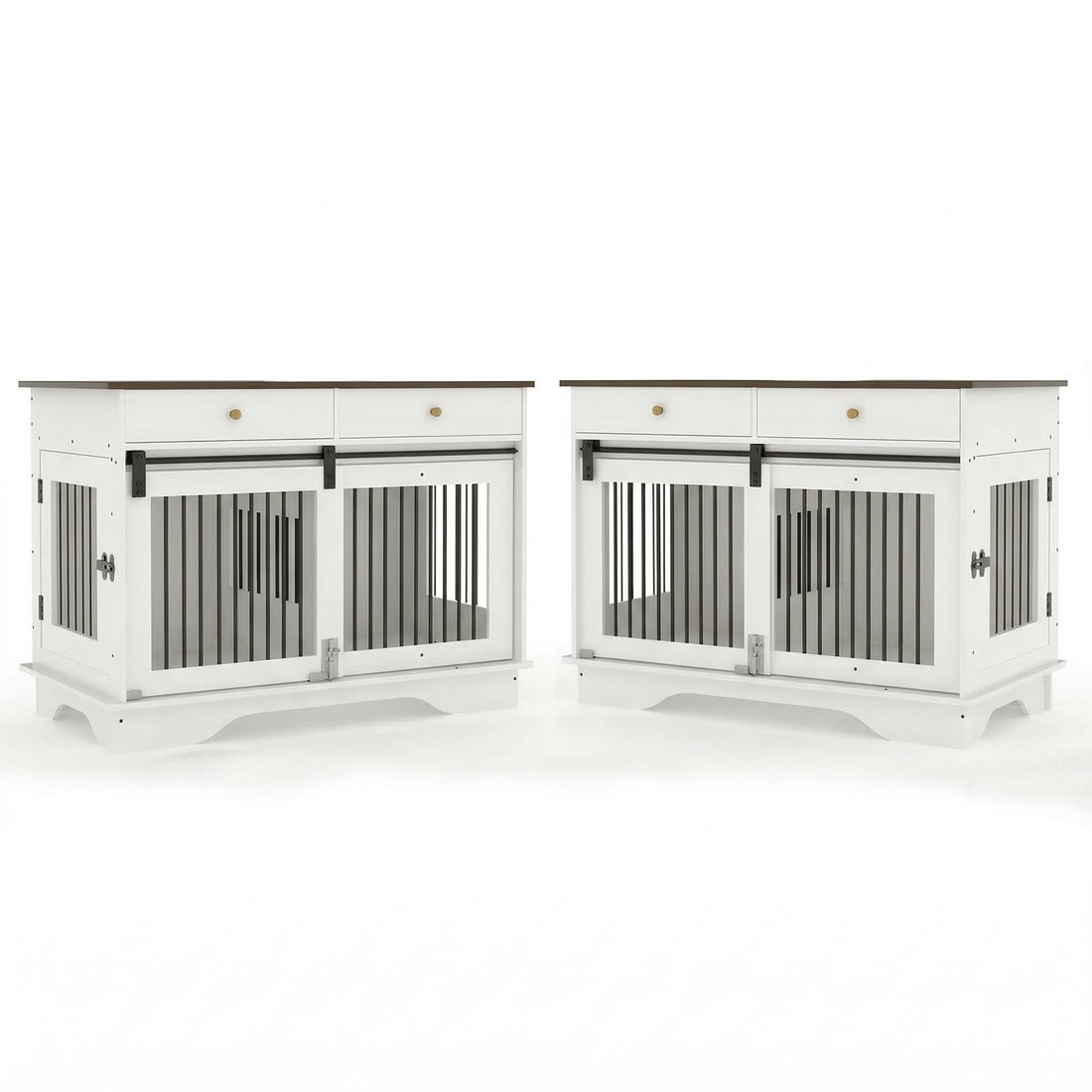 Garvee 2 Pack Spacious Double Dog Crate Furniture, 47" Large Dog Kennel, Removable Divider, 2 Storage Drawers, Chew-Resistant, Triple Door End Table for Large Dogs, White+Brown Table Top
