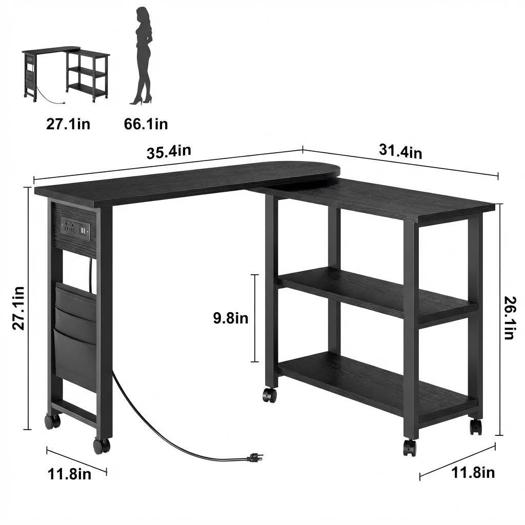 Garvee 360° Rotatable End Table with Charging Station, Extra Storage, Lockable Wheels, MDF & Metal, for Bedroom, Living Room, Black