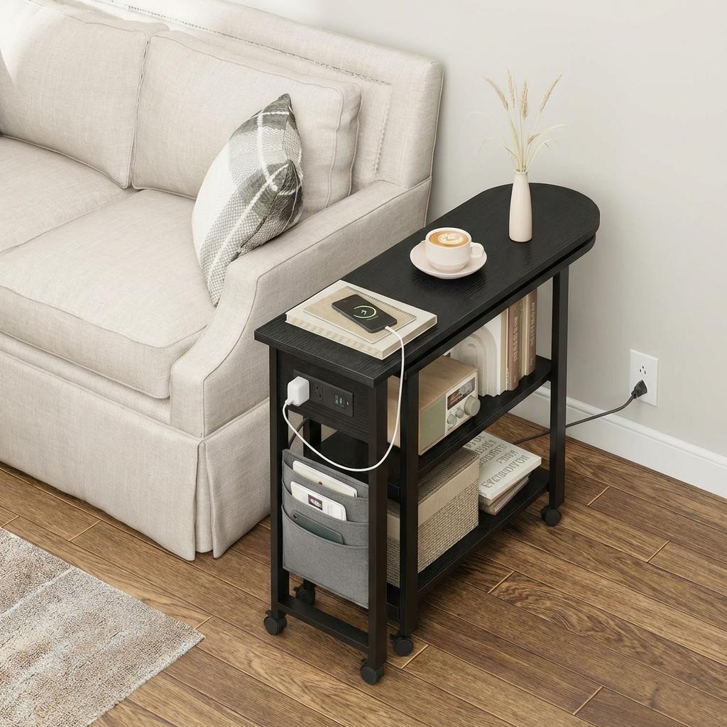 Garvee 360° Rotatable End Table with Charging Station, Extra Storage, Lockable Wheels, MDF & Metal, for Bedroom, Living Room, Black