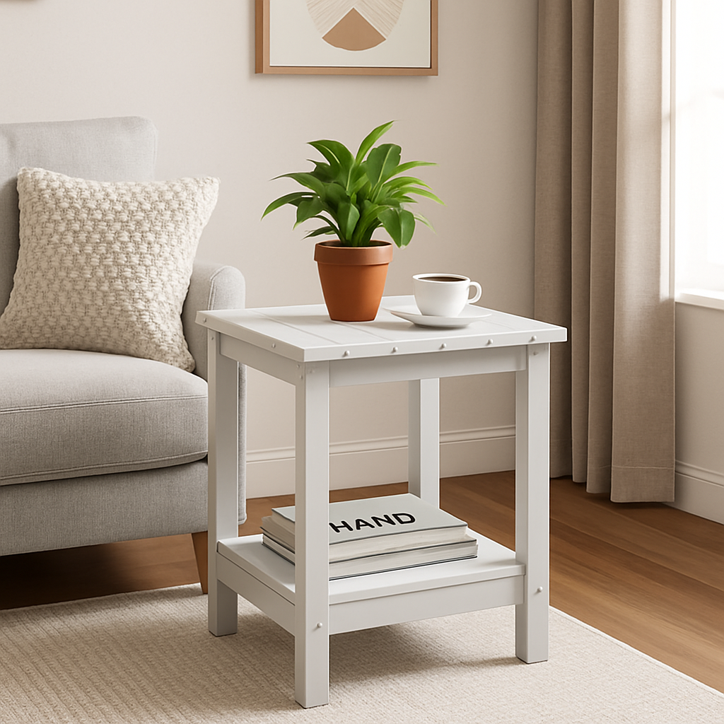 Garvee Adirondack Side Table, HDPE 2-Tier Patio Side Tables for Outside, 18 x 15 inch All-Weather End Table for Patio, Pool Deck, Indoor, Backyard, White