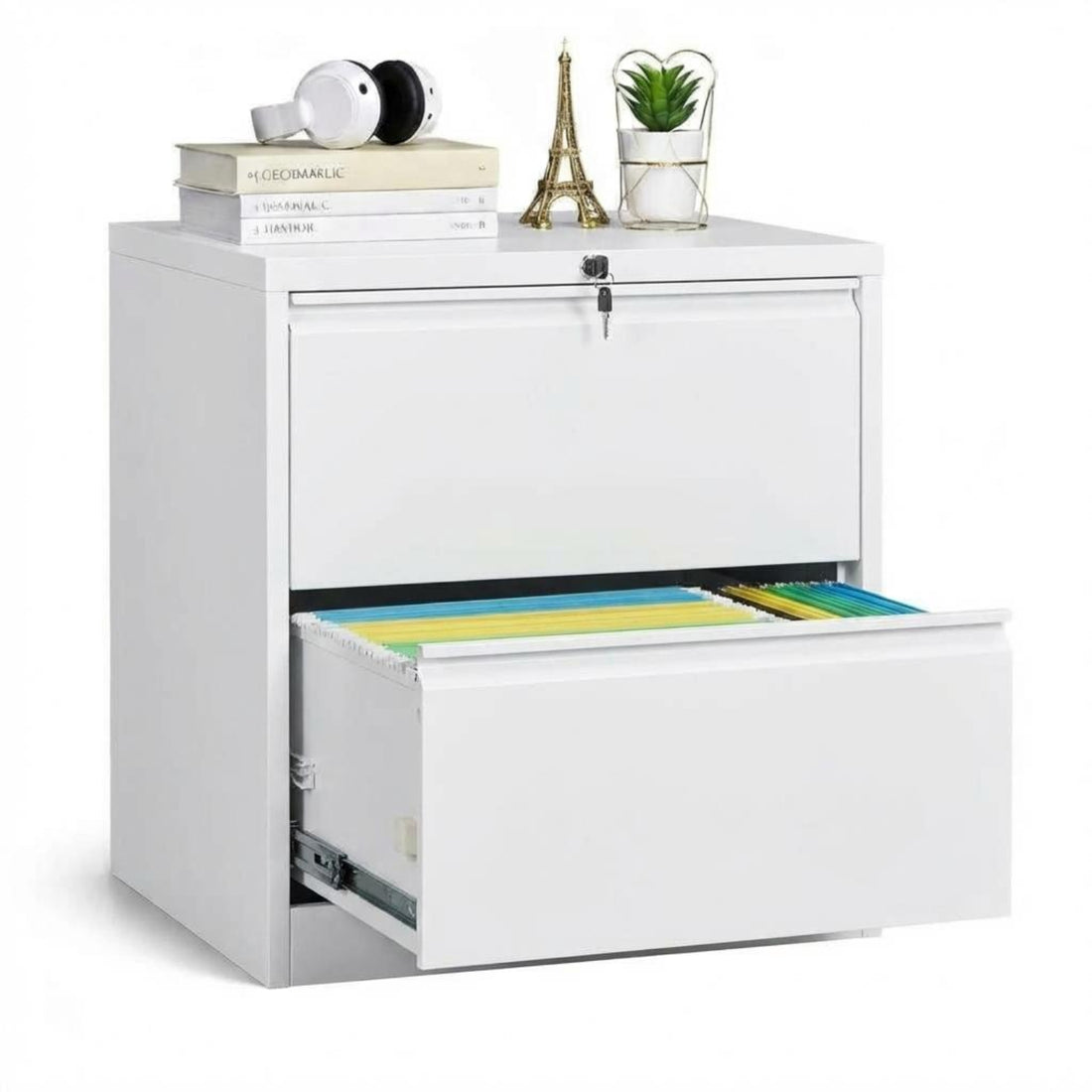 Garvee 2 Drawer File Cabinet with Lock, Metal Lateral File Cabinets for Home Office, Steel Wide Filing Organization Storage Cabinets for Hanging Files Letter/Legal/F4/A4 Size, White