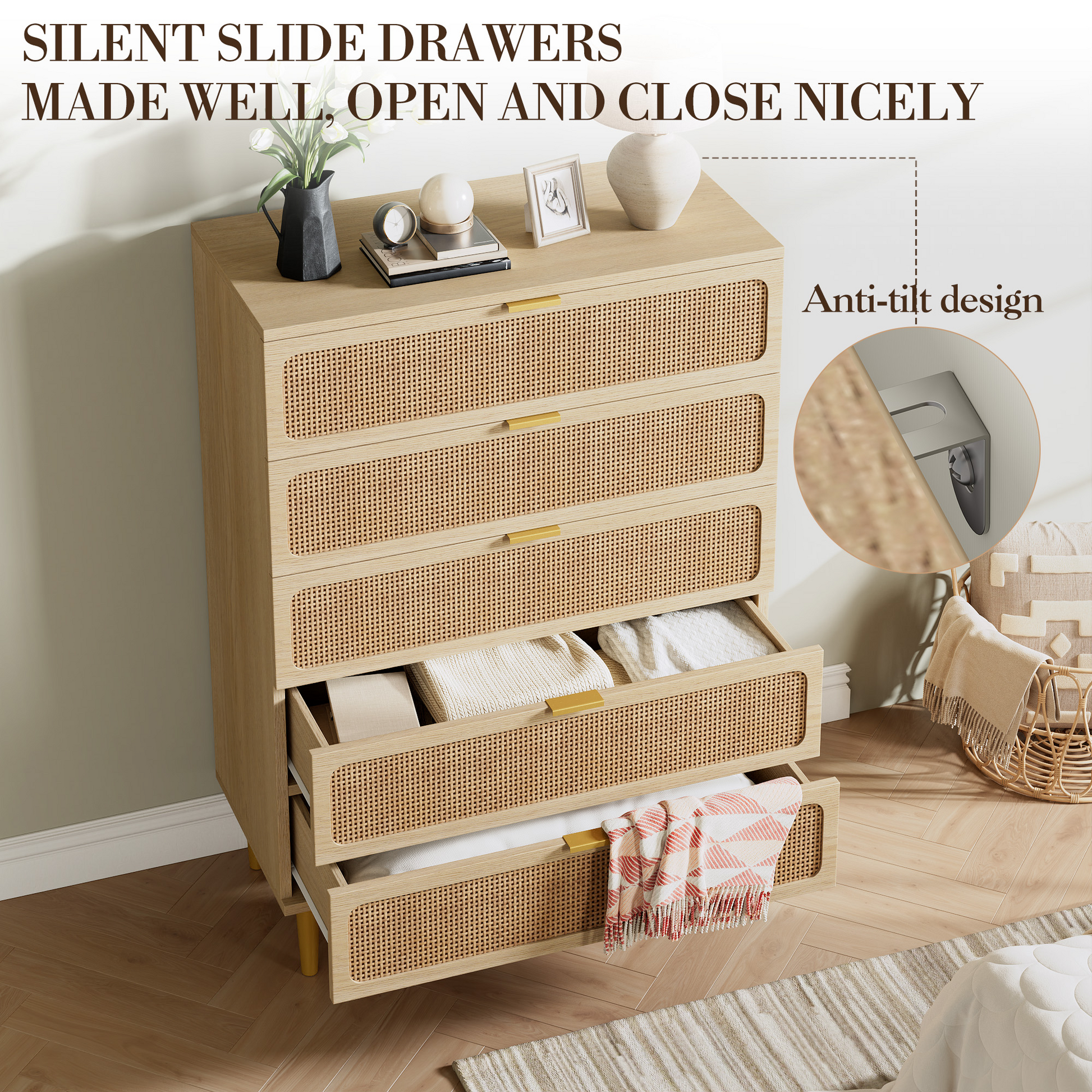 Garvee 5 Drawer Dresser for Bedroom, Rattan Chest of Drawers with Deep Drawers, Large Modern Double Dresser for Closet with Wide Top, Horizontal Wooden Dresser for Living Room, Hallway, Kids Room, Natural