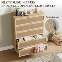 Garvee 5 Drawer Dresser for Bedroom, Rattan Chest of Drawers with Deep Drawers, Large Modern Double Dresser for Closet with Wide Top, Horizontal Wooden Dresser for Living Room, Hallway, Kids Room, Natural