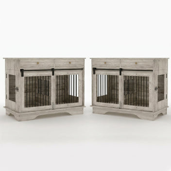 Garvee 2 Pack Spacious Double Dog Crate Furniture, 47" Large Dog Kennel, Removable Divider, 2 Storage Drawers, Chew-Resistant, Triple Door End Table for Small/Medium/Large Dogs, Gray