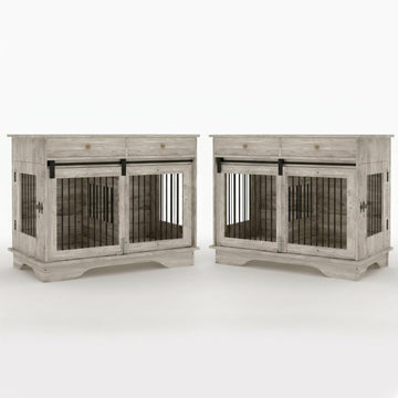 Garvee 2 Pack Spacious Double Dog Crate Furniture, 47" Large Dog Kennel, Removable Divider, 2 Storage Drawers, Chew-Resistant, Triple Door End Table for Small/Medium/Large Dogs, Gray
