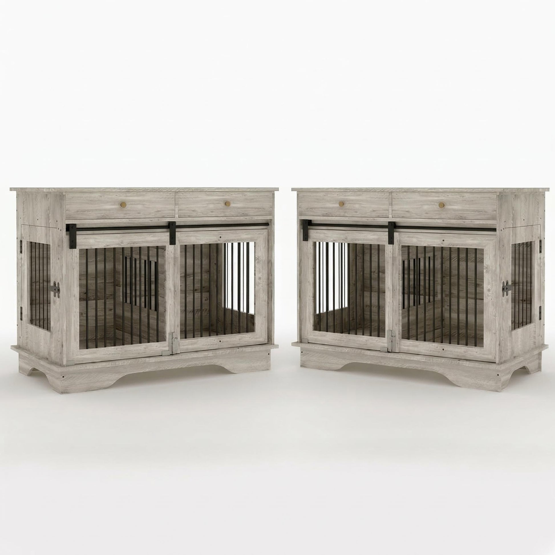 Garvee 2 Pack Spacious Double Dog Crate Furniture, 47" Large Dog Kennel, Removable Divider, 2 Storage Drawers, Chew-Resistant, Triple Door End Table for Small/Medium/Large Dogs, Gray