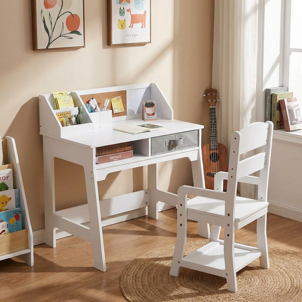 Garvee Kids Study Desk and Chair Set, Wood Writing Table with Storage Bins, Kids Study Desk with Bookshelf, Bulletin Board, Computer Desk for Boys Girls