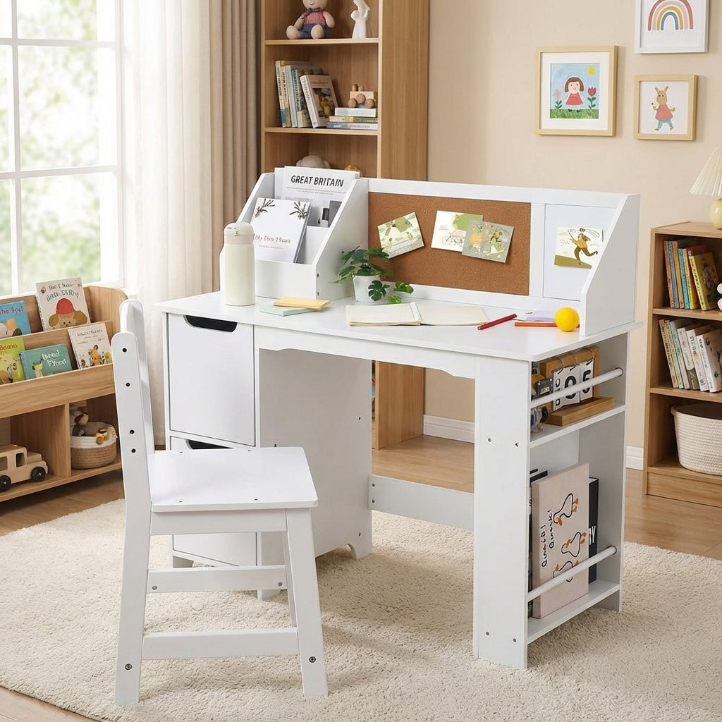 Garvee White Study Desk and Chair Set with Bookshelf, Bulletin Board, and Cabinets Ideal for Boys and Girls Ages 3-10