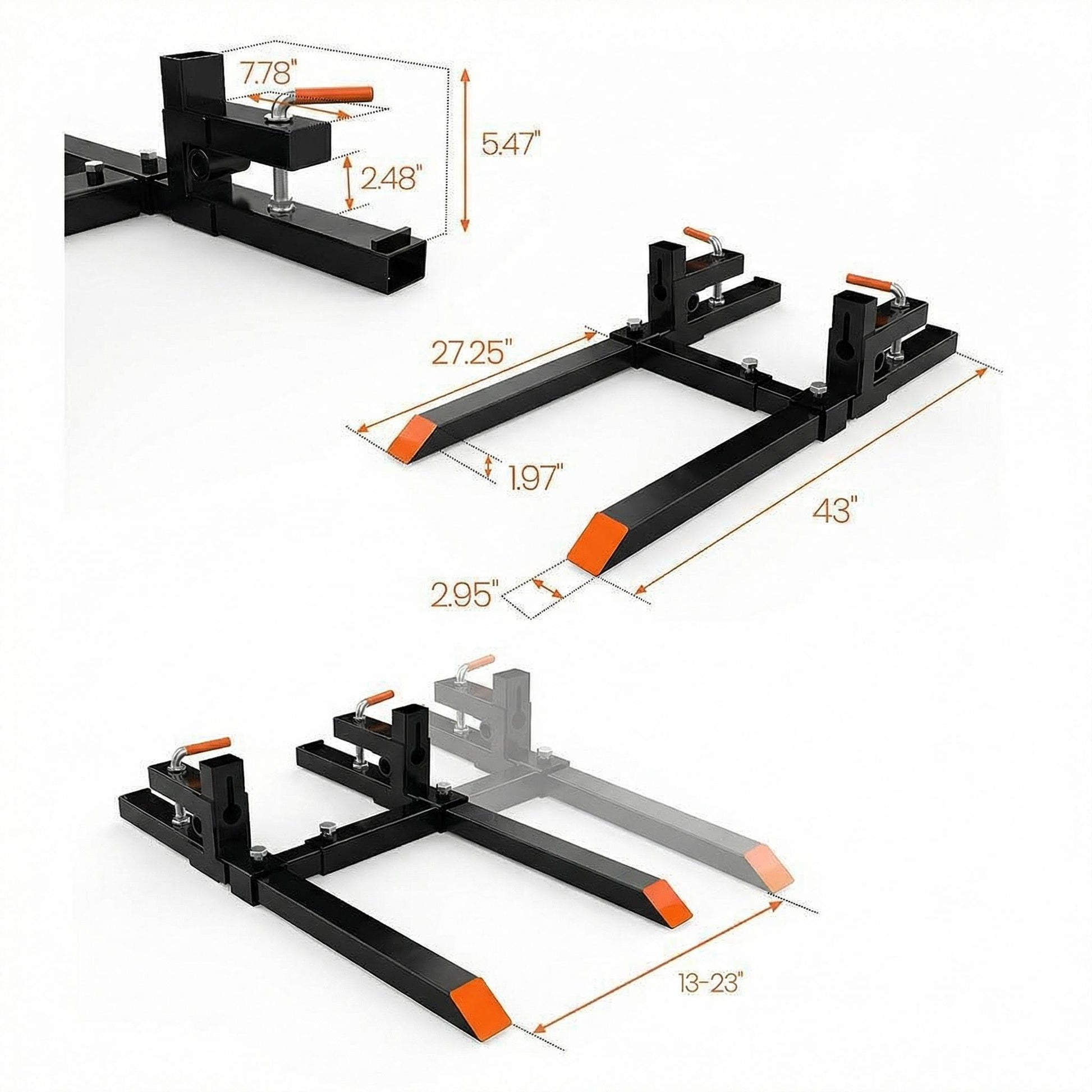 Garvee 43" 2000lbs Fork lift attachments, Clamp on Pallet Forks, Heavy Duty Quick Attach Bucket Fork for Tractor Bucket Loader Skid Steer with Adjustable Stabilizer Bar (13"-23")