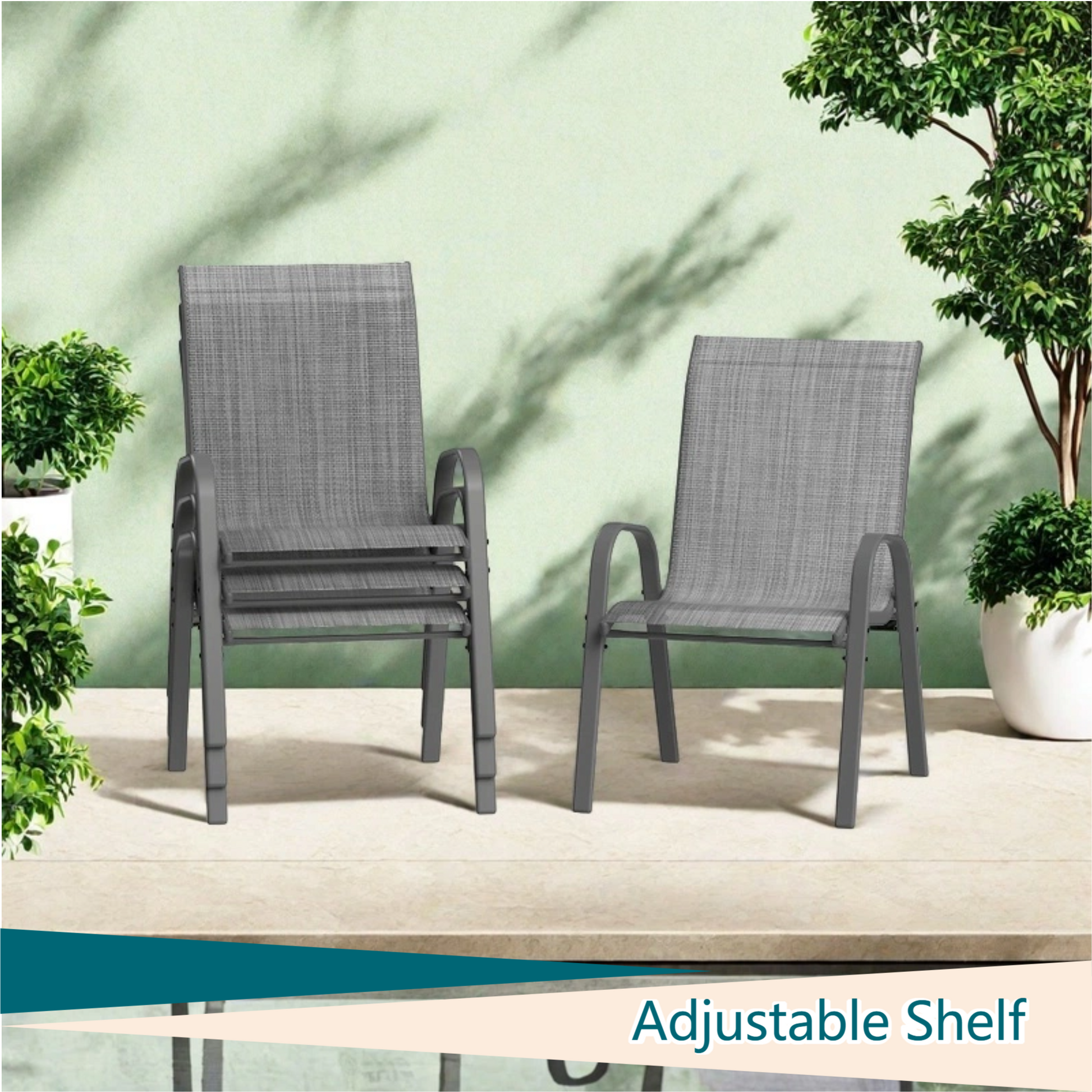 Garvee Outdoor Stackable Chairs Set of 4 - Patio Dining Sling Chairs with Textilene Fabric for Patio, Deck, Backyard, Light Grey