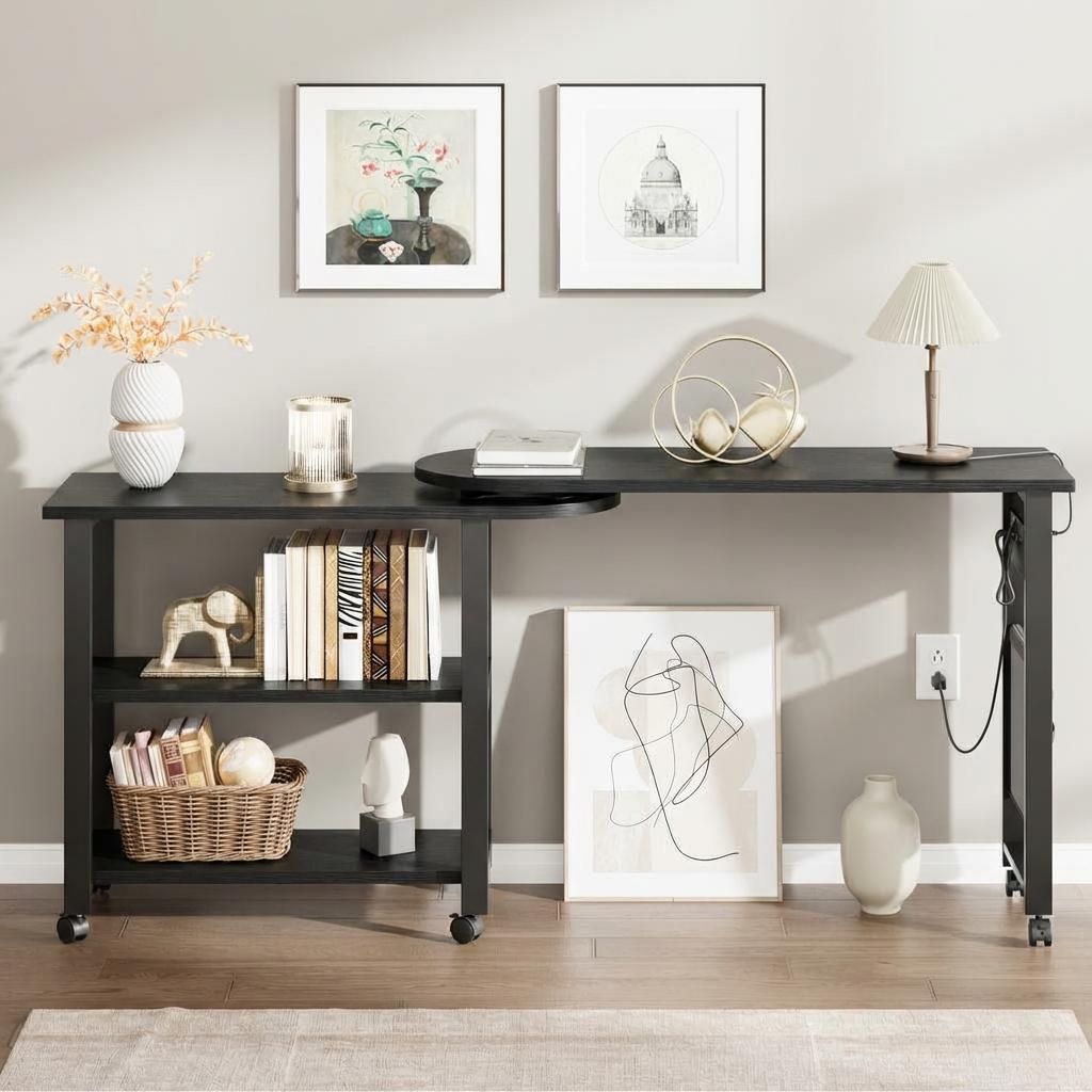 Garvee 360° Rotatable End Table with Charging Station, Extra Storage, Lockable Wheels, MDF & Metal, for Bedroom, Living Room, Black