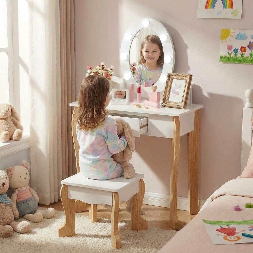 Garvee Kids' Vanity Table and Chair Set with Mirror, Girls' Makeup Dressing Table with Touch Lights & Wood Makeup Playset, Pretend Play, Princess Vanity Table for kids, Toddlers, Age 4-9, White