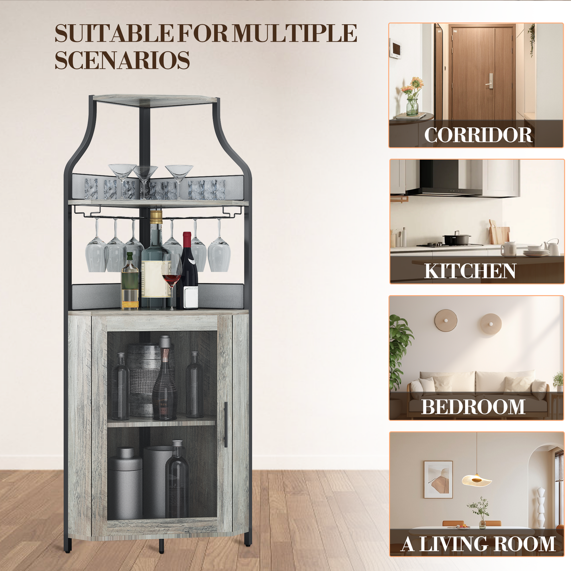 Garvee Corner Wine Bar Rack Cabinet with Detachable Wine Rack, Bar Cabinet with Glass Holder and Mesh Door, Liquor Coffe Bar Cabinet with Adjustable Shelves, ‎Grey