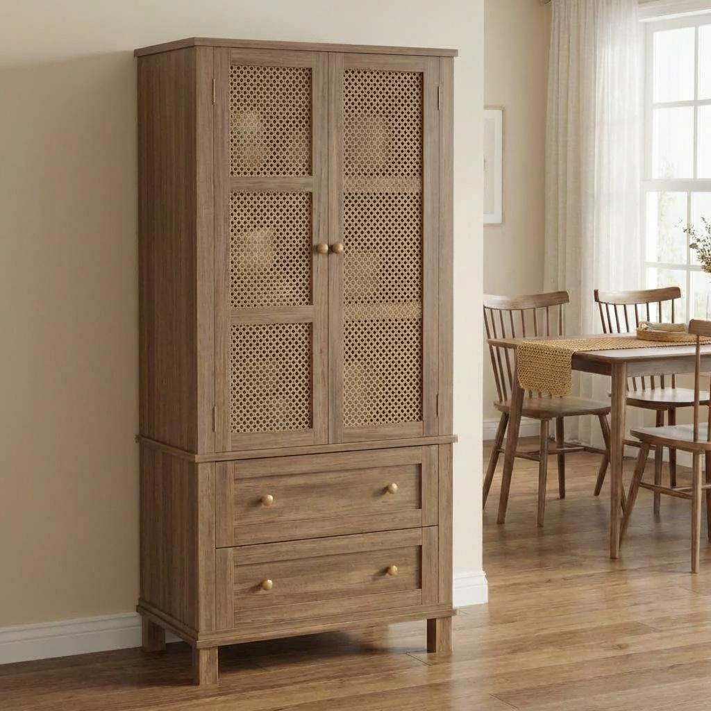 Garvee Wood Freestanding Kitchen Pantry with Rattan Doors, Adjustable Shelves and Drawers forKitchen, Walnut