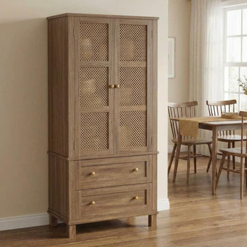 Garvee Wood Freestanding Kitchen Pantry with Rattan Doors, Adjustable Shelves and Drawers forKitchen, Walnut