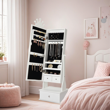 Garvee Freestanding Jewelry Armoire Cabinet with Led Light, Full-Length Mirror and 3 Storage Drawers for Girls, White