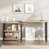 Garvee 360° Rotatable End Table with Charging Station, Extra Storage, Lockable Wheels, MDF & Metal, for Bedroom, Living Room, Wood Color