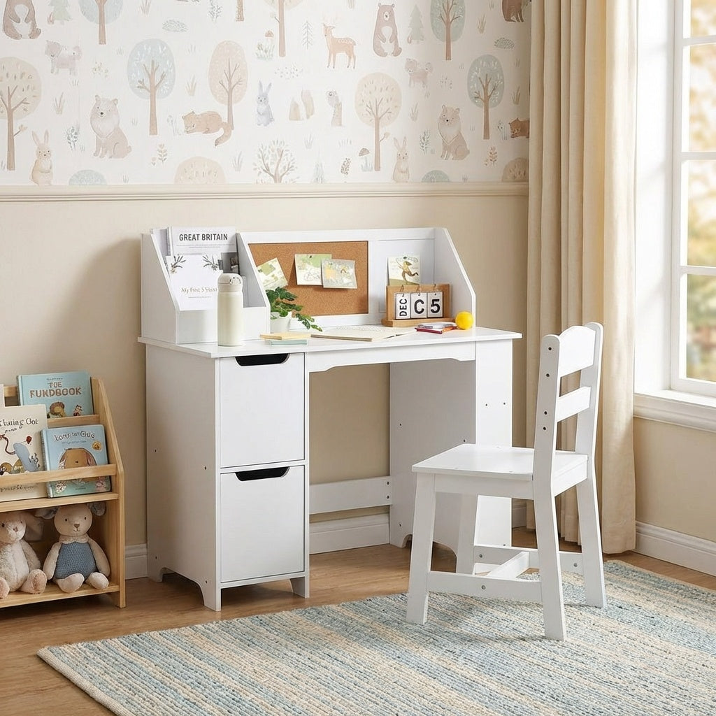 Garvee White Study Desk and Chair Set with Bookshelf, Bulletin Board, and Cabinets Ideal for Boys and Girls Ages 3-10