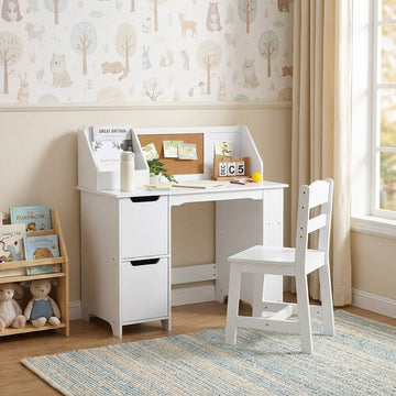 Garvee White Study Desk and Chair Set with Bookshelf, Bulletin Board, and Cabinets Ideal for Boys and Girls Ages 3-10