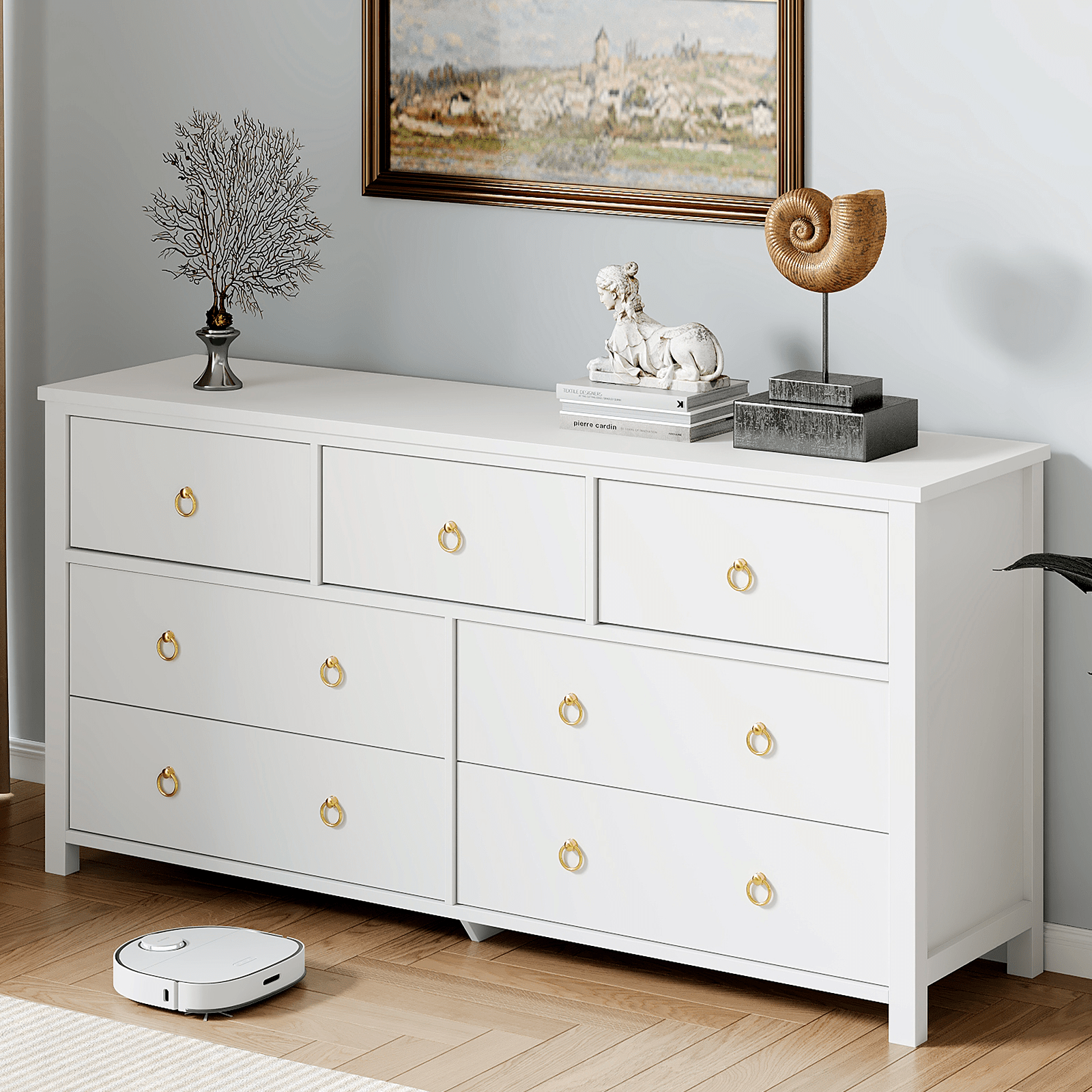 white dresser gold hardware 4 Drawer Dresser, Chest of Drawers with Handle & Wide Drawers, 35.8" Tall Storage Cabinet - Bed Bath & Beyond quality engineered wood Dresser for Bedroom, Lofka 6