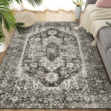 Garvee Oriental Area Rug 9x12 Washable Rug Vintage Rug Traditional Mat Distressed Indoor Foldable Thin Rug Non Slip Accent Rug Floral Print Rug Carpet for Living Room Office, Brown - Brown