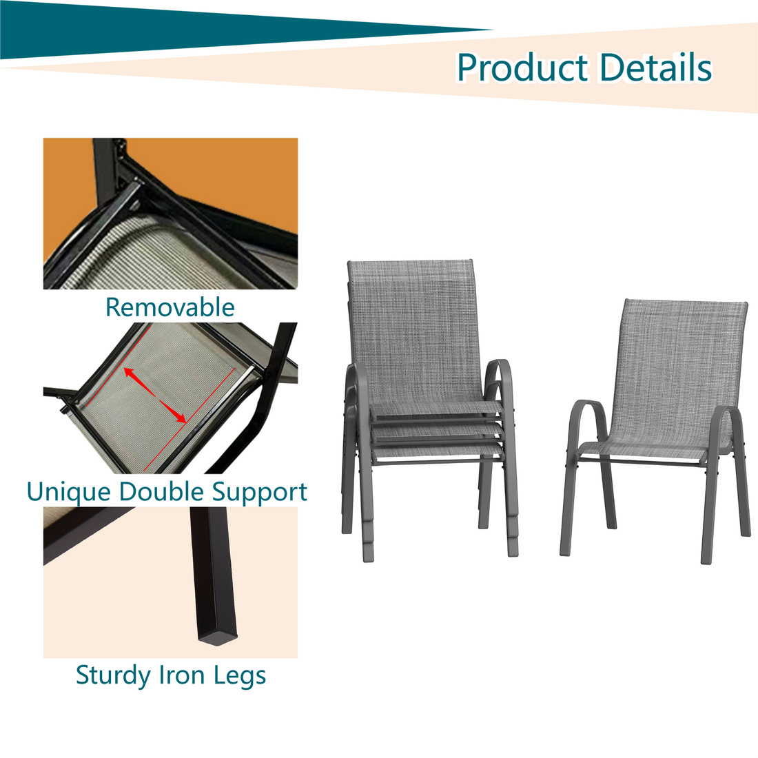 Garvee Outdoor Stackable Chairs Set of 4 - Patio Dining Sling Chairs with Textilene Fabric for Patio, Deck, Backyard, Light Grey