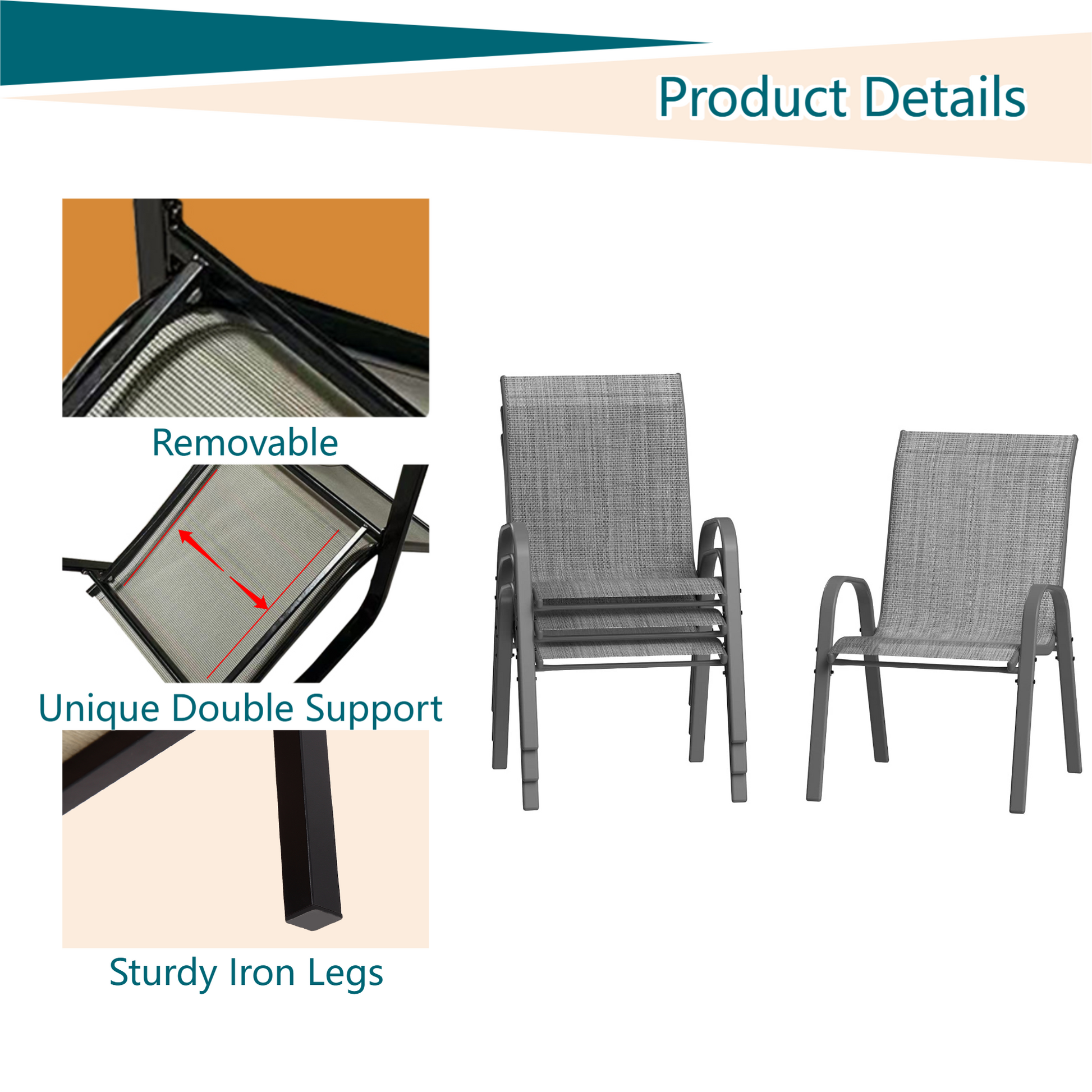 Garvee Outdoor Stackable Chairs Set of 4 - Patio Dining Sling Chairs with Textilene Fabric for Patio, Deck, Backyard, Light Grey