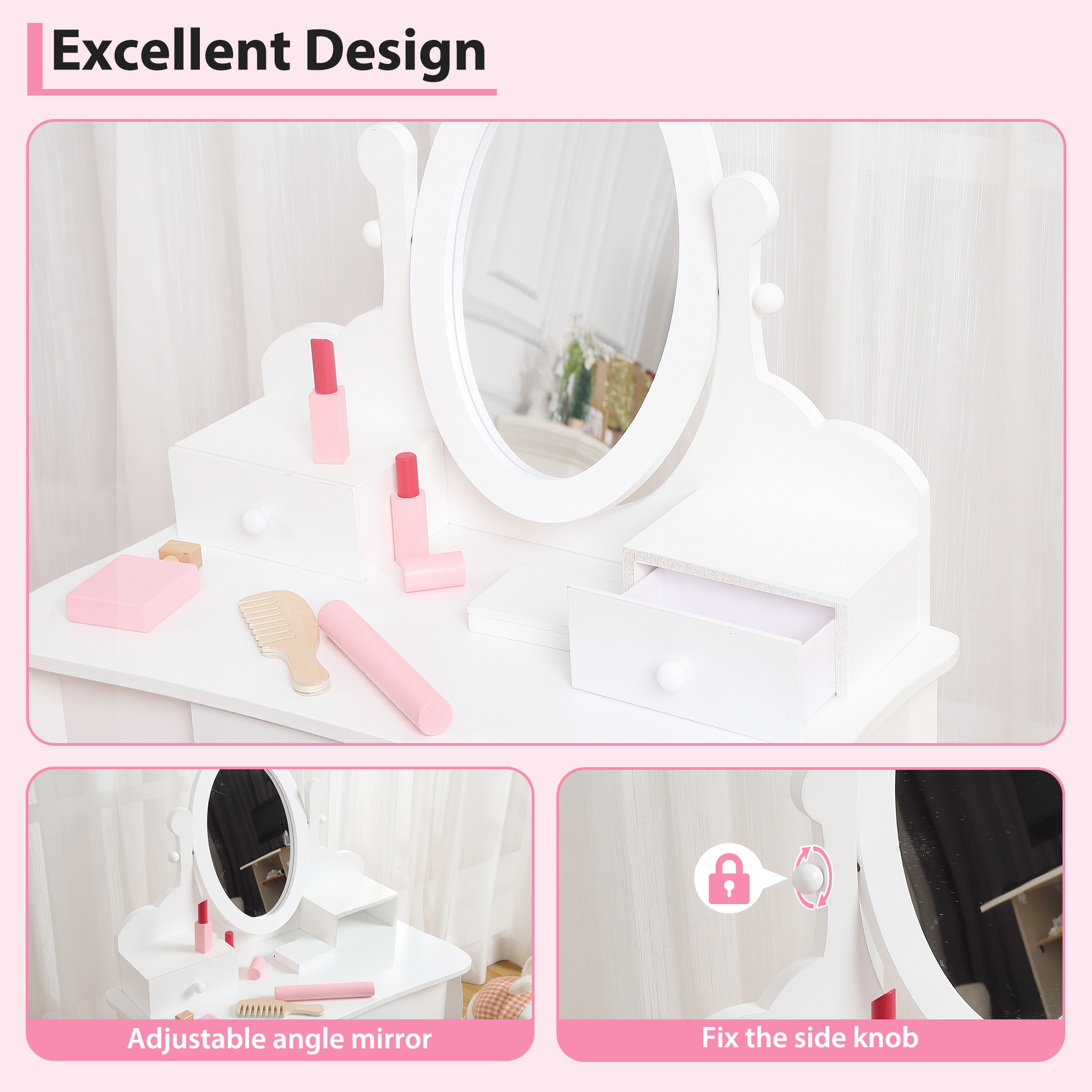 Garvee Kids Vanity Set with Adjustable Angle Mirror, Drawers and Stool Suitable for Age 3-10, White