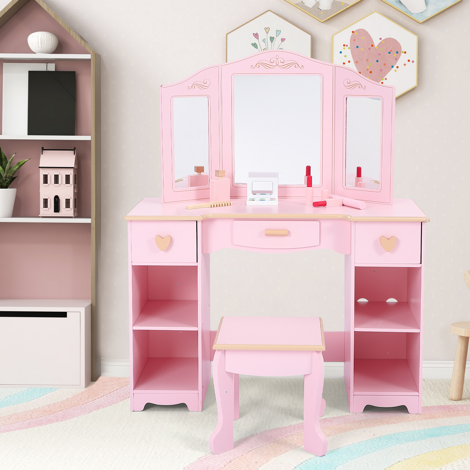 Garvee Girls' Vanity Table and Stool Set with Mirror, Drawer and Wood Makeup Playset Toy for Age 3-10, Pink