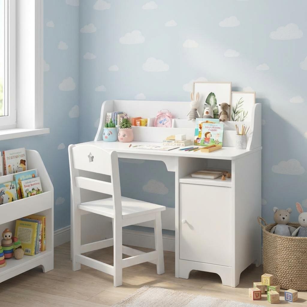 Garvee Kids Desk and Chair Set, Study Desk for Kids with Hutch, Storage Cabinet, Wooden Children Study Table, Student Writing Desk for Kids Bedroom & Study Room, White