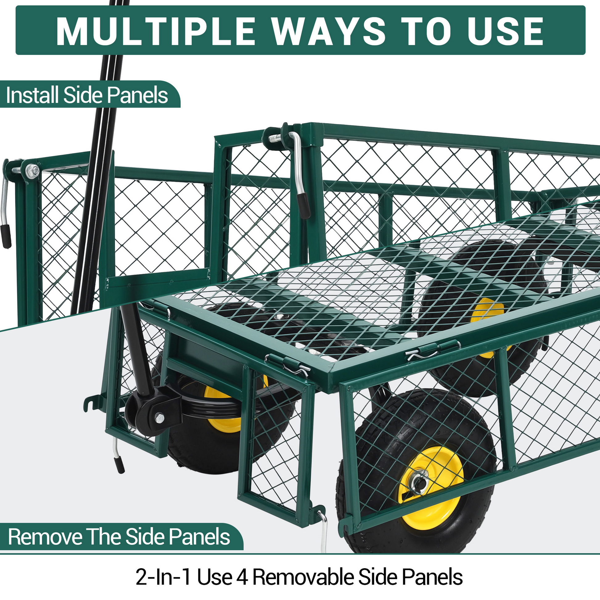 Garvee Heavy Duty Steel Garden Cart 550 LBS Load 3-in-1 Design 10" Pneumatic Tires 180° Rotating Handle Removable Sides for Farm Yard