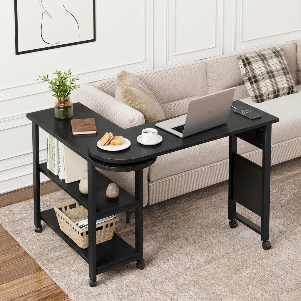Garvee 360° Rotatable End Table with Charging Station, Extra Storage, Lockable Wheels, MDF & Metal, for Bedroom, Living Room, Black