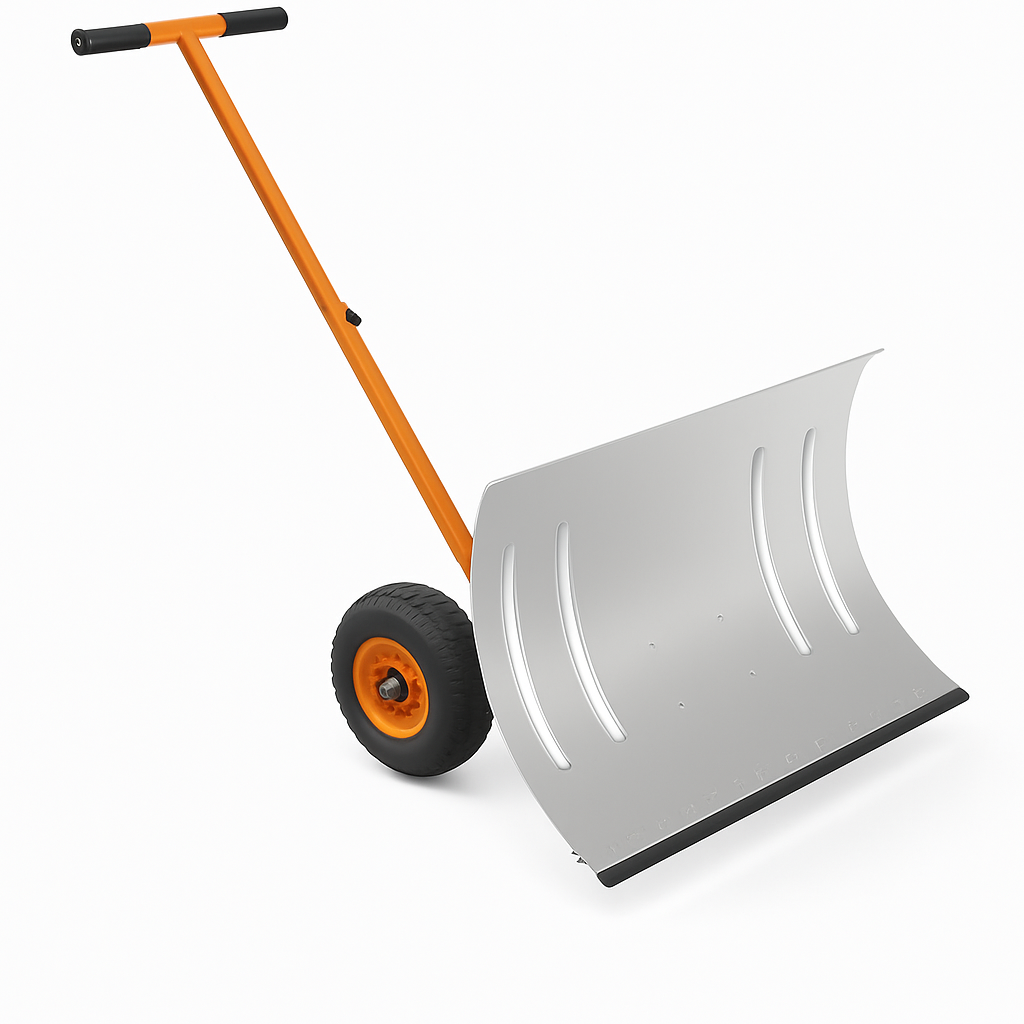 Garvee Heavy Duty Metal Snow Shovel with Wheels – 29x20 Inch Wide Angled Blade – 5-Level Adjustable Ergonomic Handle – Back-Saving Snow Pusher for Driveways, Sidewalks, Yards – Silver with Orange-Yellow Handle and Wheels