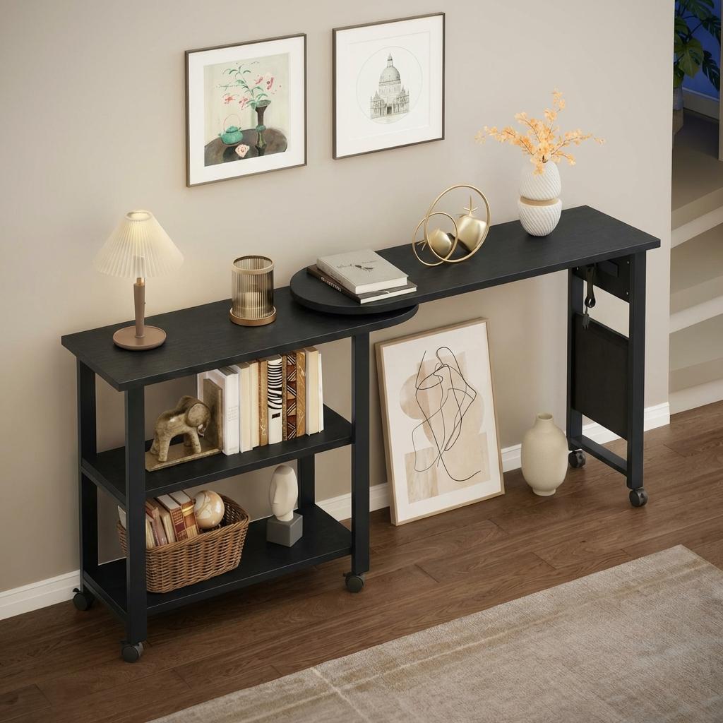 Garvee 360° Rotatable End Table with Charging Station, Extra Storage, Lockable Wheels, MDF & Metal, for Bedroom, Living Room, Black