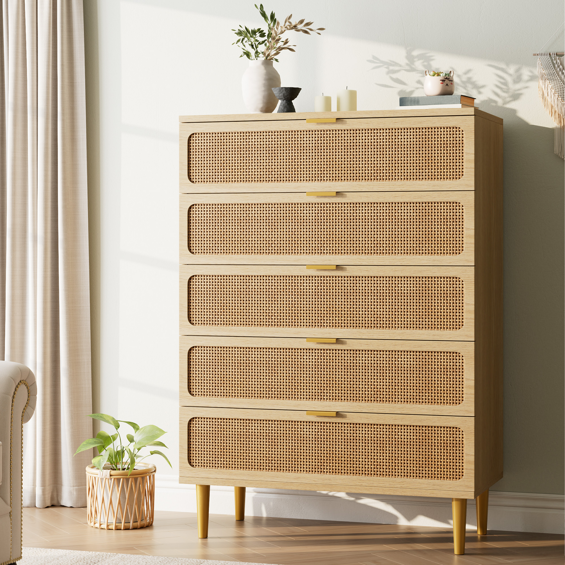 IDEALHOUSE 5 Drawer Dresser for Bedroom, Rattan Chest of Drawers with Deep Drawers, Large Modern Double Dresser for Closet with Wide Top, Horizontal