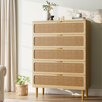Garvee 5 Drawer Dresser for Bedroom, Rattan Chest of Drawers with Deep Drawers, Large Modern Double Dresser for Closet with Wide Top, Horizontal Wooden Dresser for Living Room, Hallway, Kids Room, Natural