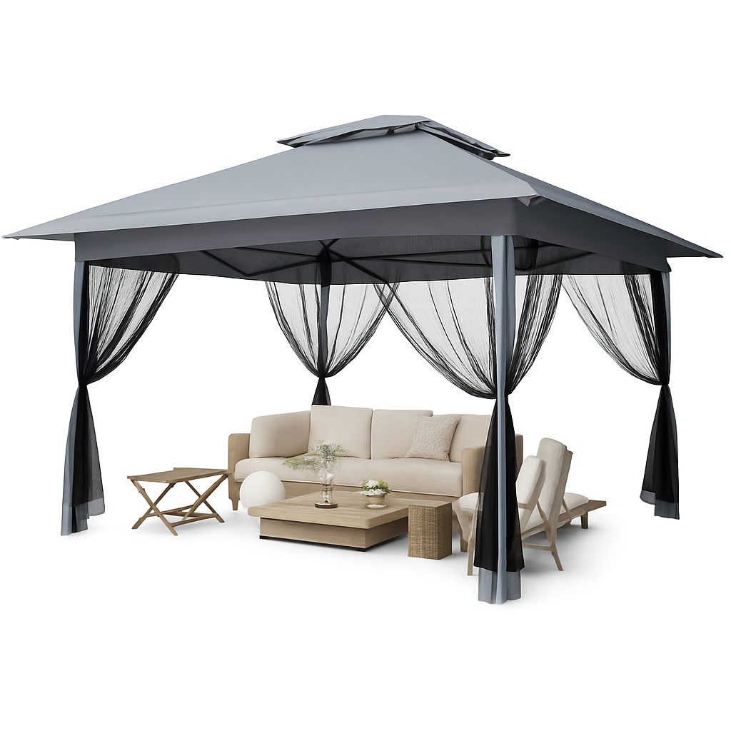 Garvee 13'x13' Pop Up Tent Outdoor Canopy Shelter with Mosquito Netting 4 Stanbags Instant Gazebo Tent for Lawn, Garden, Backyard Deck (Charcoal Grey + Light Grey)