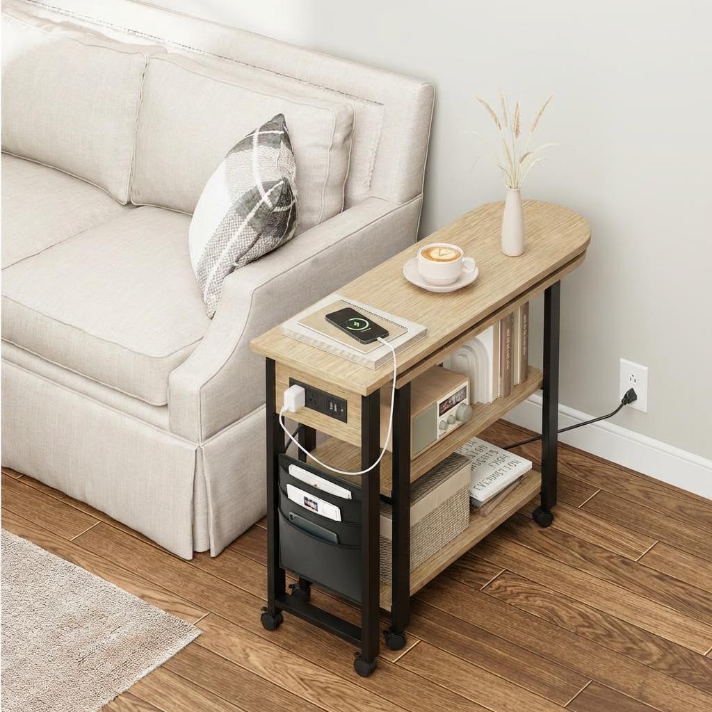 Garvee 360° Rotatable End Table with Charging Station, Extra Storage, Lockable Wheels, MDF & Metal, for Bedroom, Living Room, Wood Color