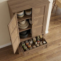 Garvee Wood Freestanding Kitchen Pantry with Rattan Doors, Adjustable Shelves and Drawers forKitchen, Walnut