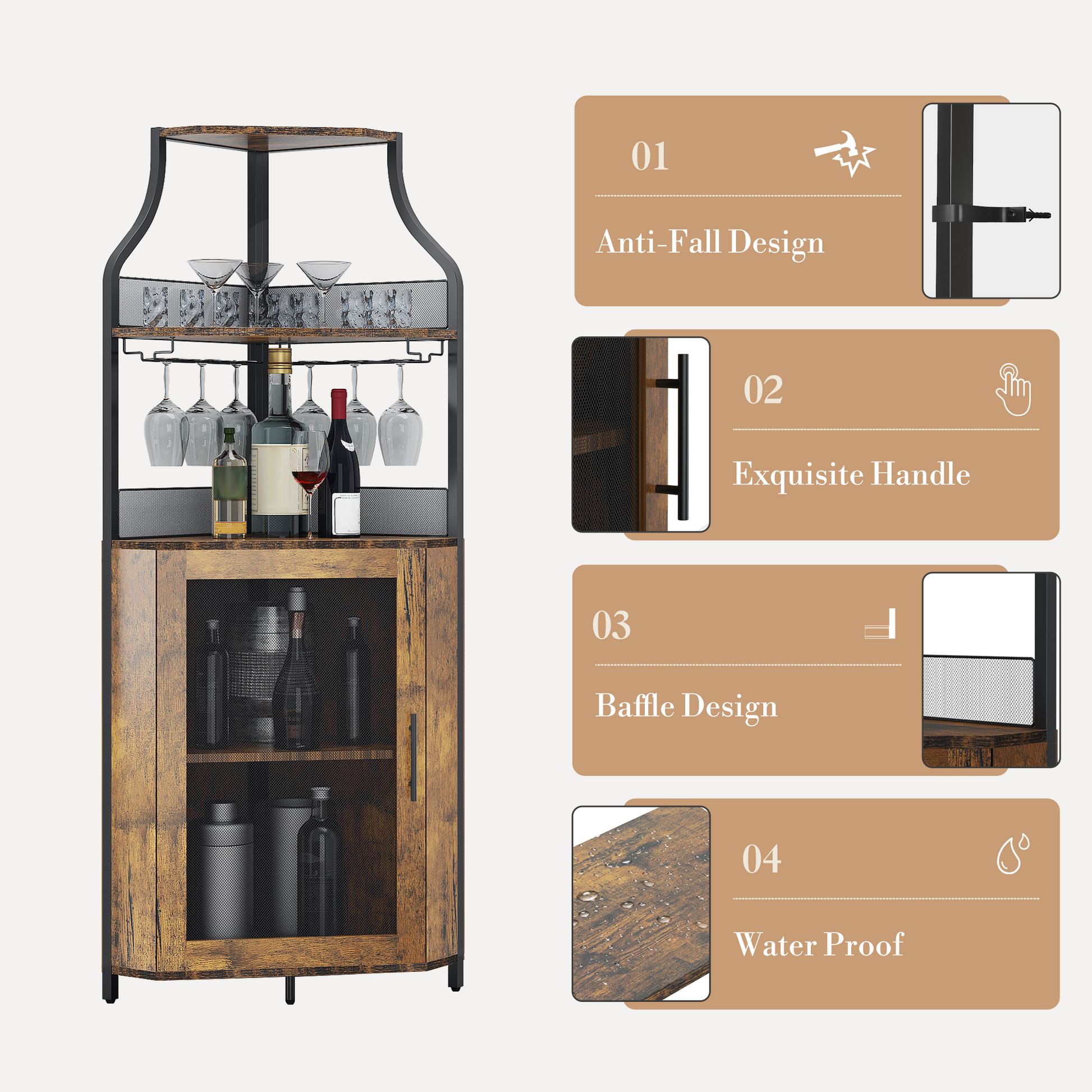 Garvee Corner Wine Bar Rack Cabinet with Detachable Wine Rack, Bar Cabinet with Glass Holder and Mesh Door, Liquor Coffe Bar Cabinet with Adjustable Shelves, Rustic Brown
