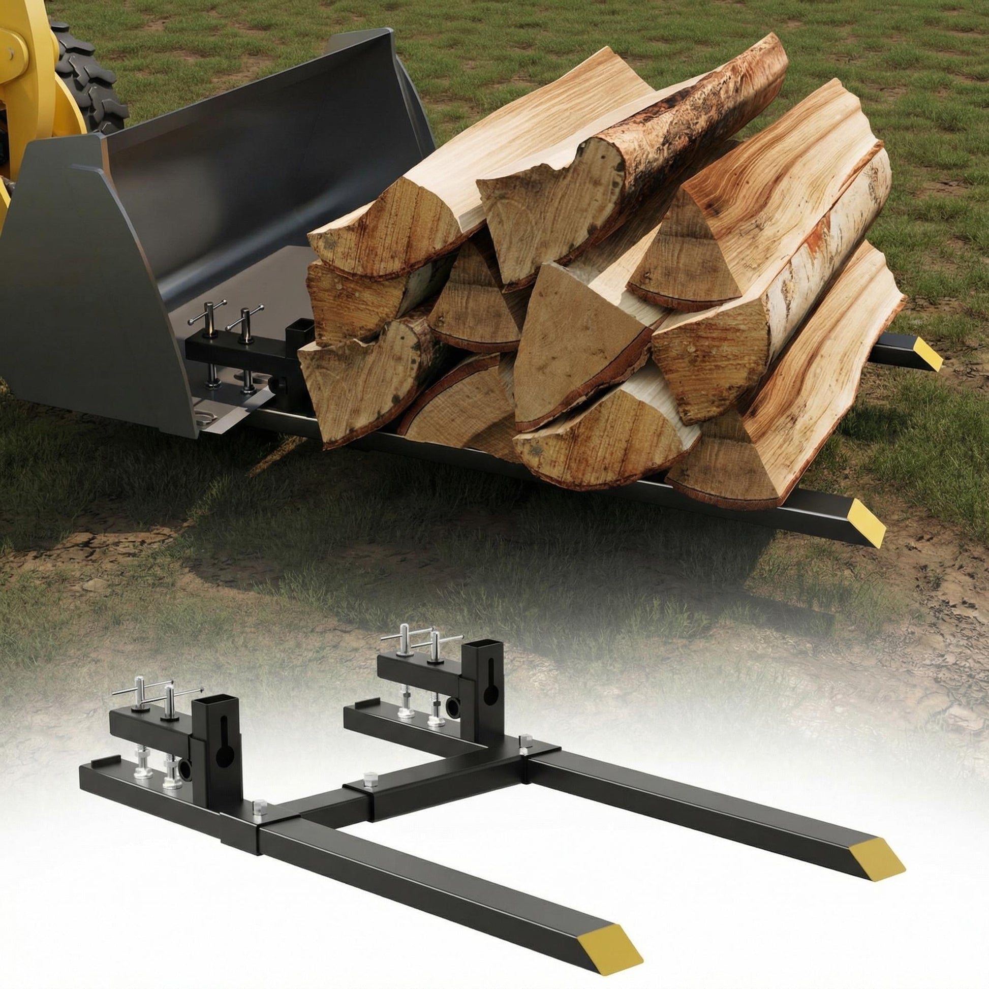Garvee 65" Clamp on Pallet Forks with Adjustable Stabilizer Bar, Heavy Duty 6000Lbs Tractor Pallet Forks, Tractor Bucket Forks for Loader Bucket Skid Steer Tractor，Yellow