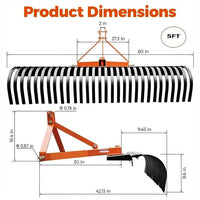 Garvee 5 FT Landscape Rake for Tractors, 3-Point Rock Rake, 360° Rotation, Steel, 30 Tines, Fits Cat 1 & 2, Yard & Farm Use