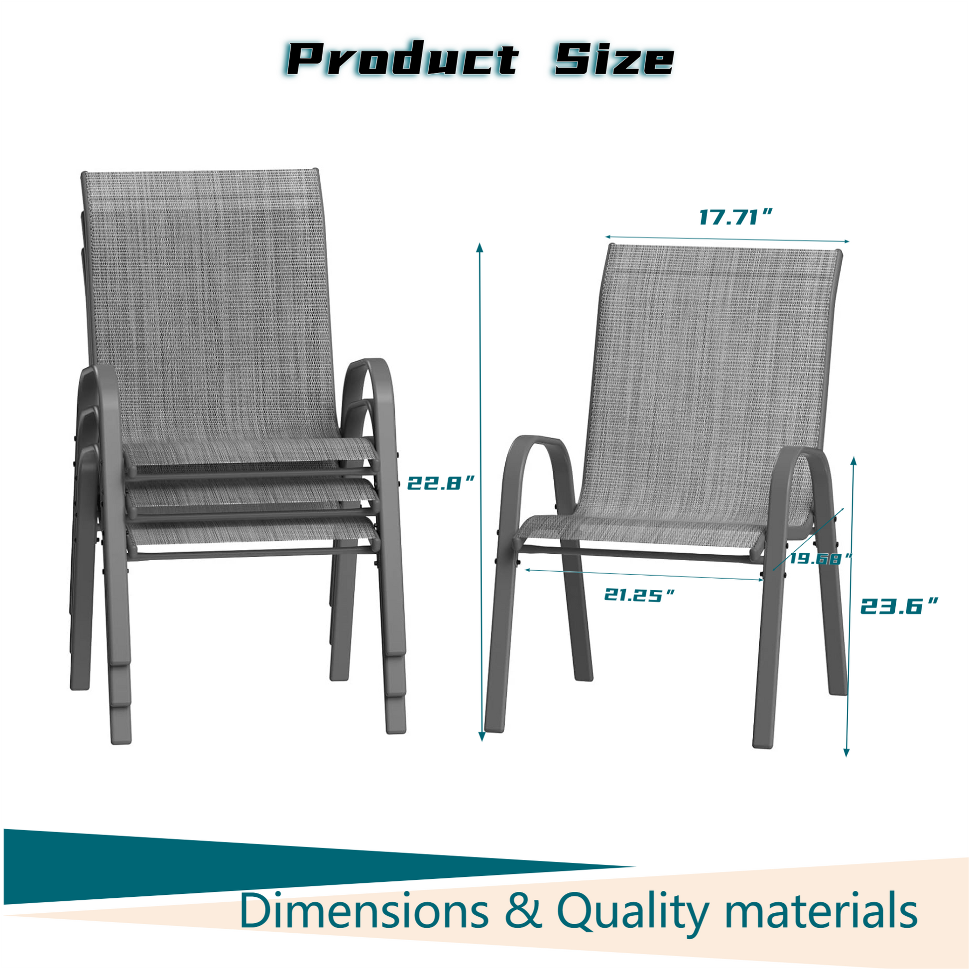 Garvee Outdoor Stackable Chairs Set of 4 - Patio Dining Sling Chairs with Textilene Fabric for Patio, Deck, Backyard, Light Grey