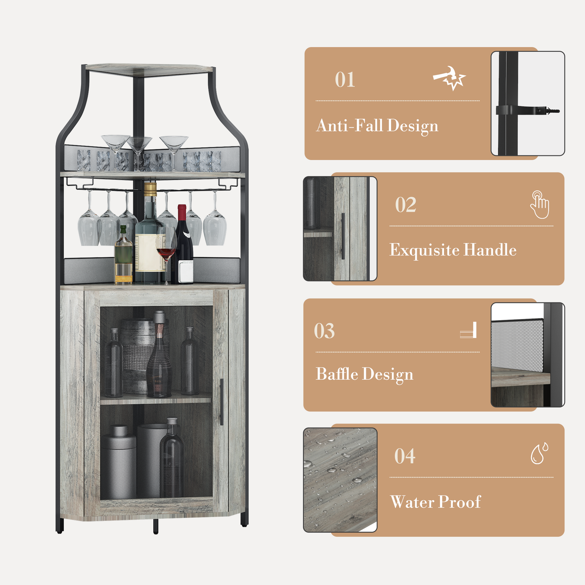 Garvee Corner Wine Bar Rack Cabinet with Detachable Wine Rack, Bar Cabinet with Glass Holder and Mesh Door, Liquor Coffe Bar Cabinet with Adjustable Shelves, ‎Grey
