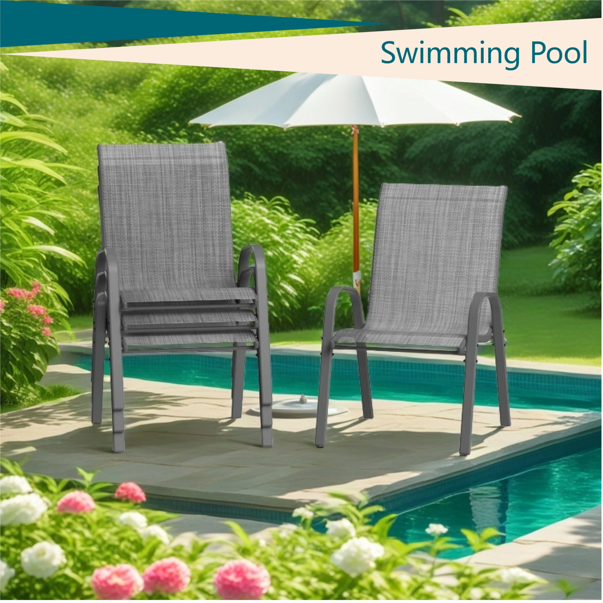 Garvee Outdoor Stackable Chairs Set of 4 - Patio Dining Sling Chairs with Textilene Fabric for Patio, Deck, Backyard, Light Grey