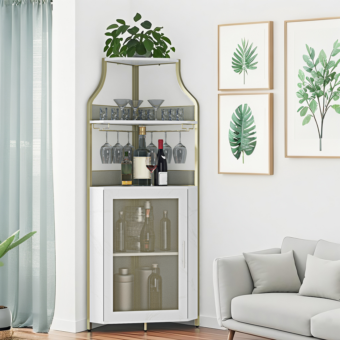 Garvee Corner Wine Bar Rack Cabinet with Detachable Wine Rack, Bar Cabinet with Glass Holder and Mesh Door, Liquor Coffe Bar Cabinet with Adjustable Shelves, ‎Gold